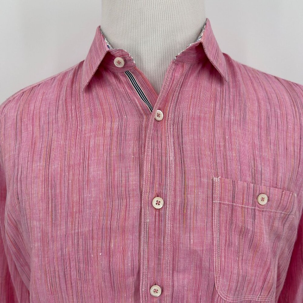 Bugatchi Men's Shirt 100% Linen L Large Pink Striped Long Sleeve Button-Down Sha